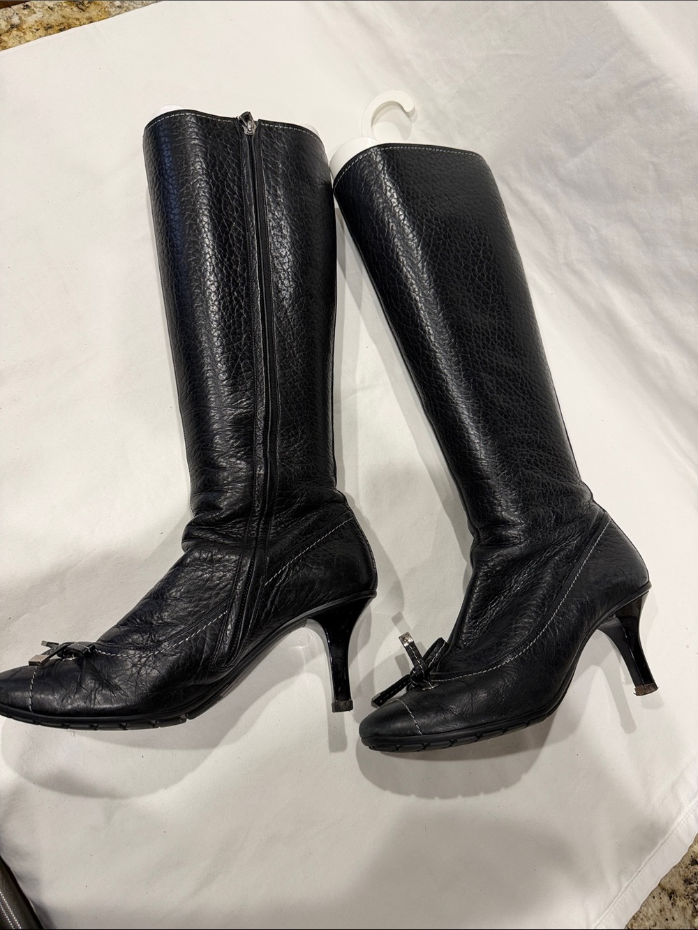 Vintage Louis Vuitton Black Leather Knee Boots with Bow Accent